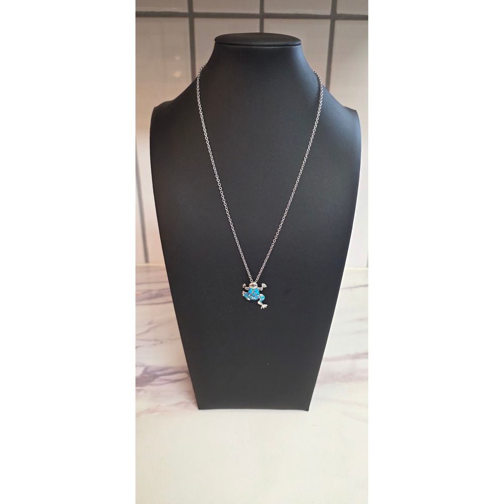Frog Pendant Necklace 925 Sterling Silver Blue Opal Inlay 316L S.Steel‎ Chain